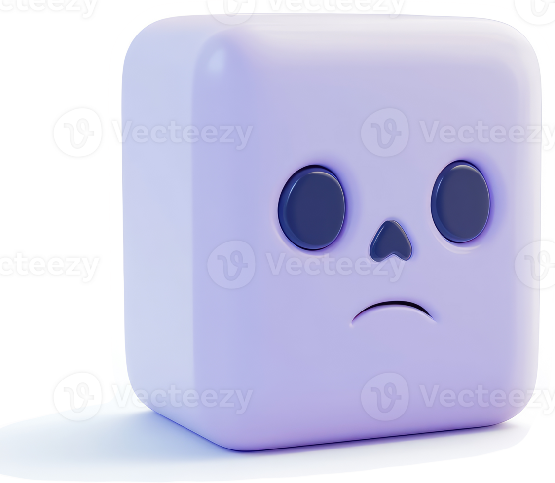 A cube-shaped emoticon displays a sad expression. png