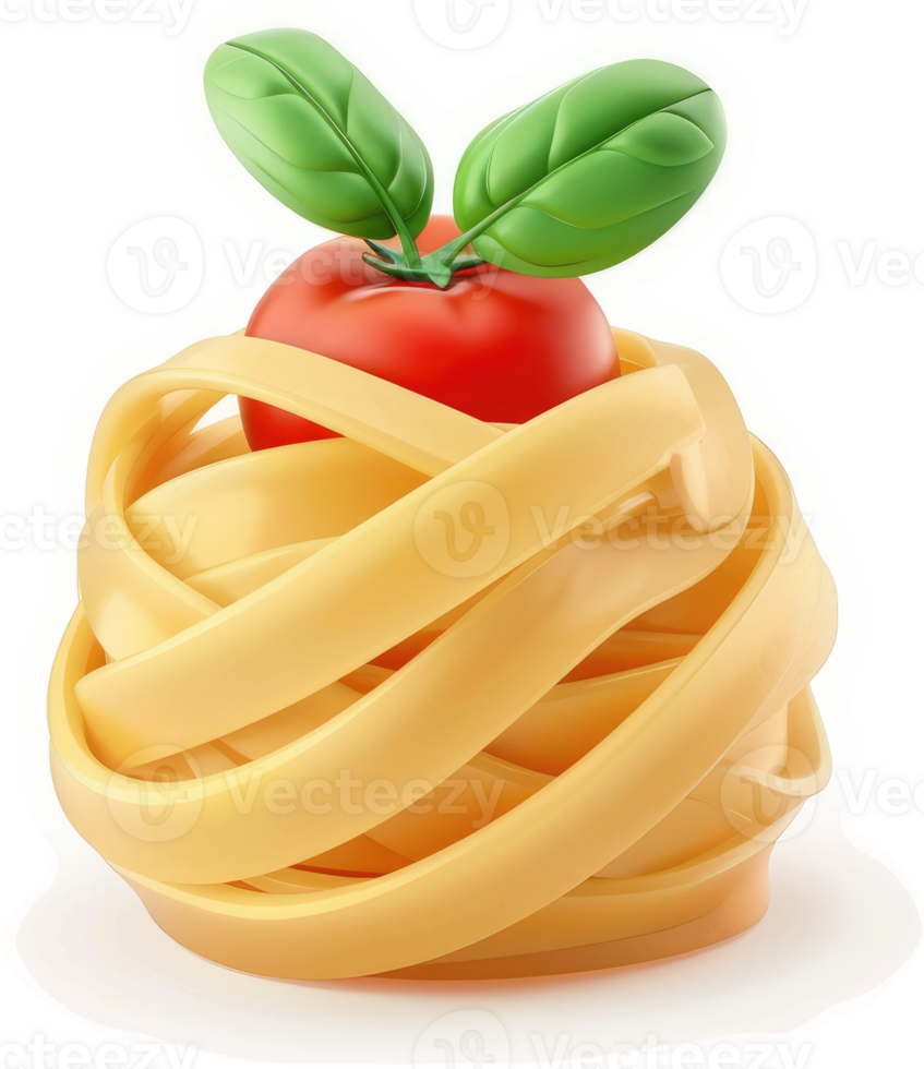 A nest of pasta, featuring a vibrant tomato and basil leaves. png