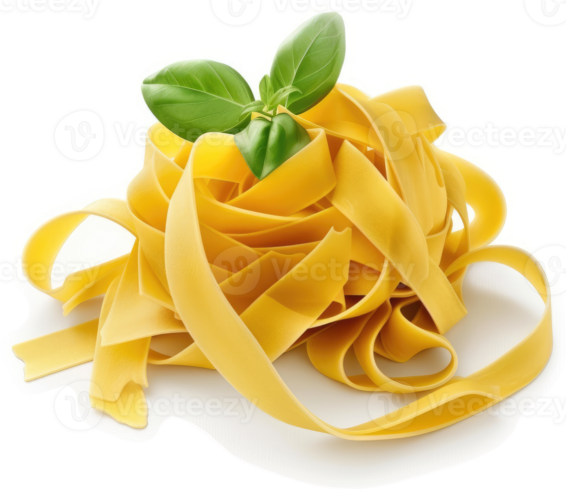 A nest of golden fettuccine pasta, garnished with fresh basil. png