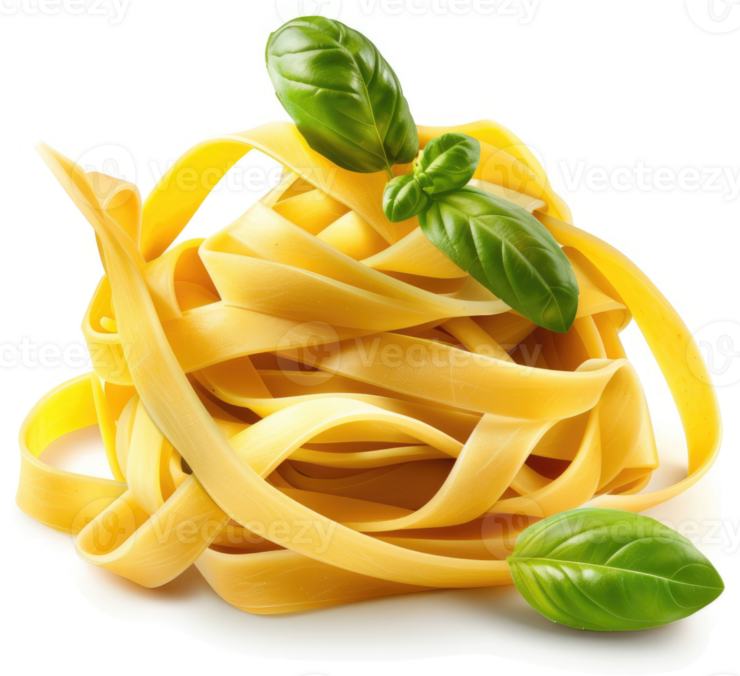 Fresh fettuccine pasta with basil garnish. png