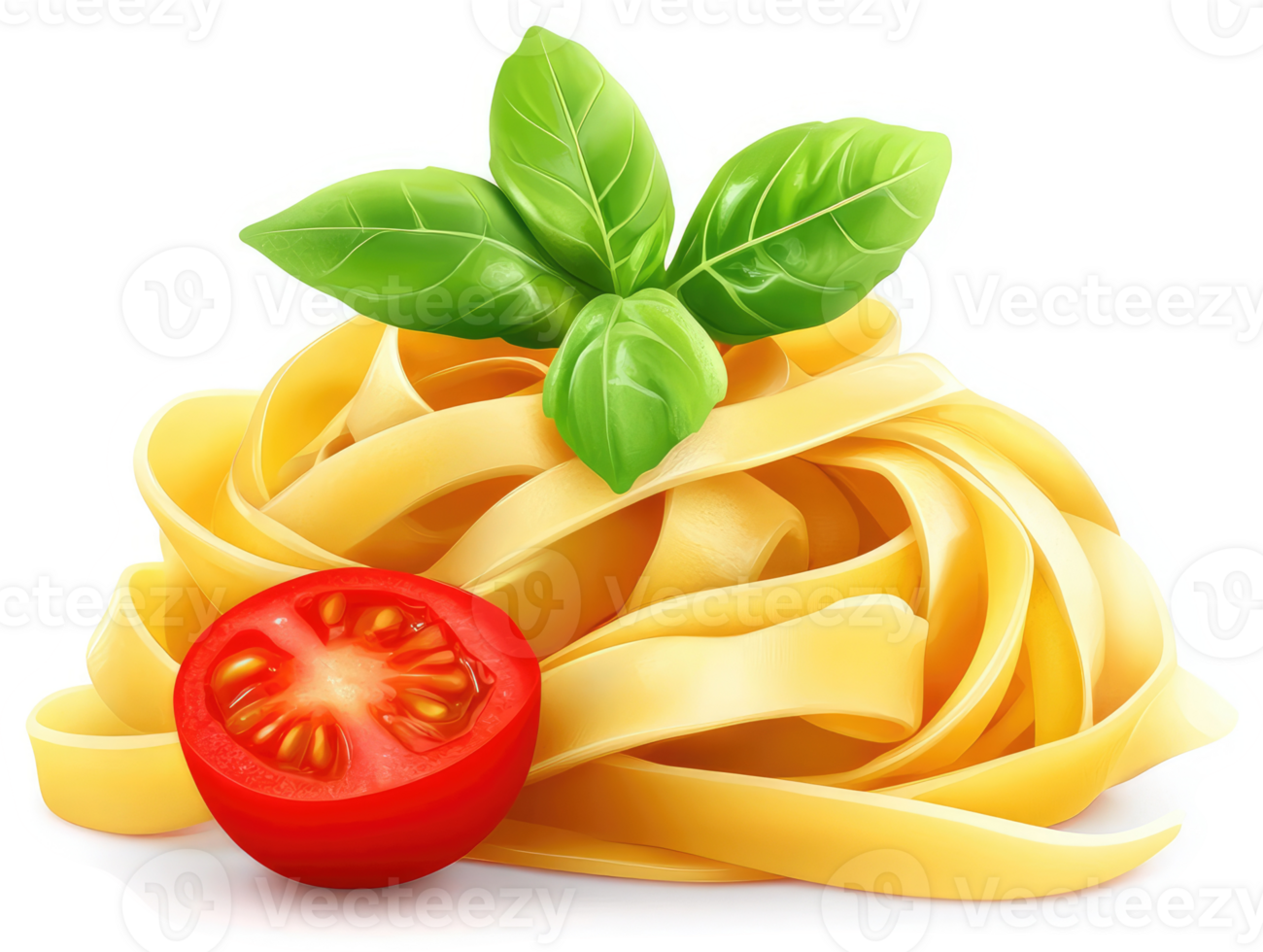 A heap of golden fettuccine pasta with a cherry tomato and fresh basil. png