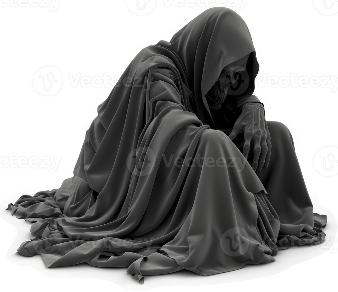 A shrouded, sorrowful figure sits in somber contemplation. png