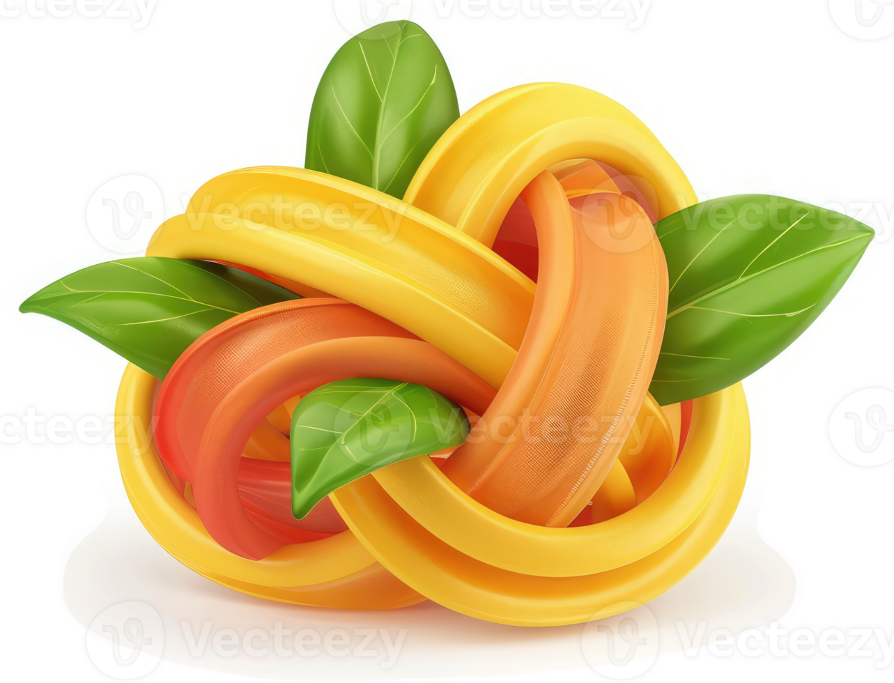 Colorful, intertwined pasta shapes with vibrant leaves. png