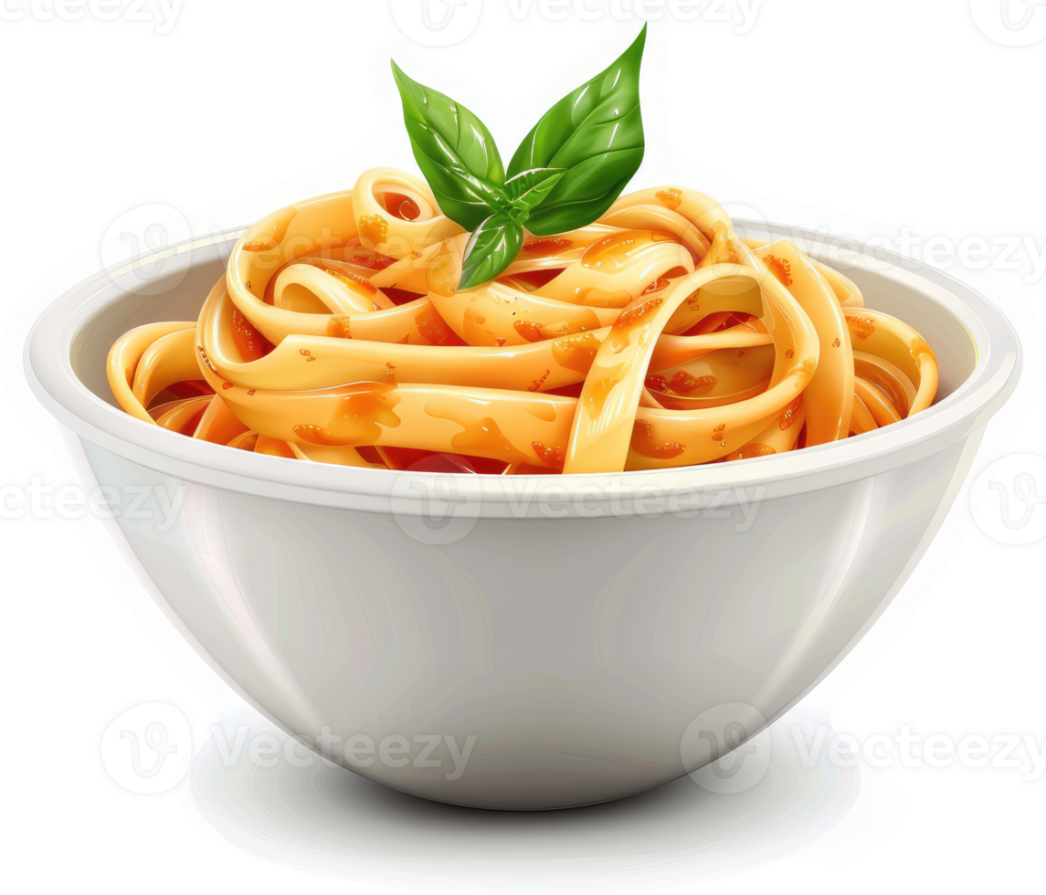 A bowl of pasta with tomato sauce and basil. png