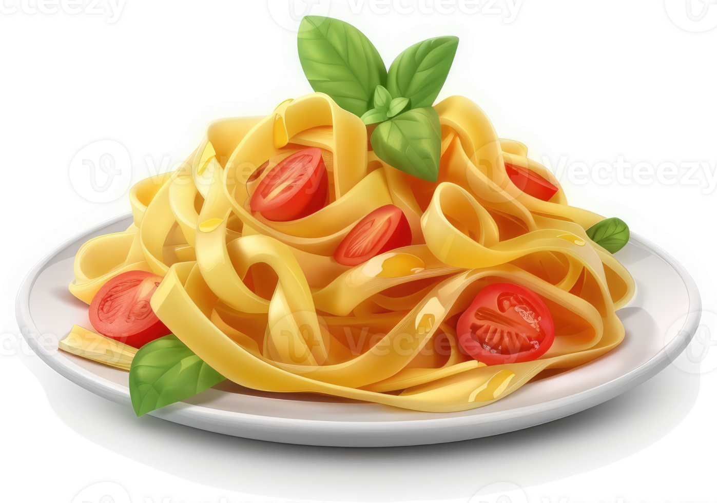 Delicious fettuccine pasta dish with cherry tomatoes and basil. png