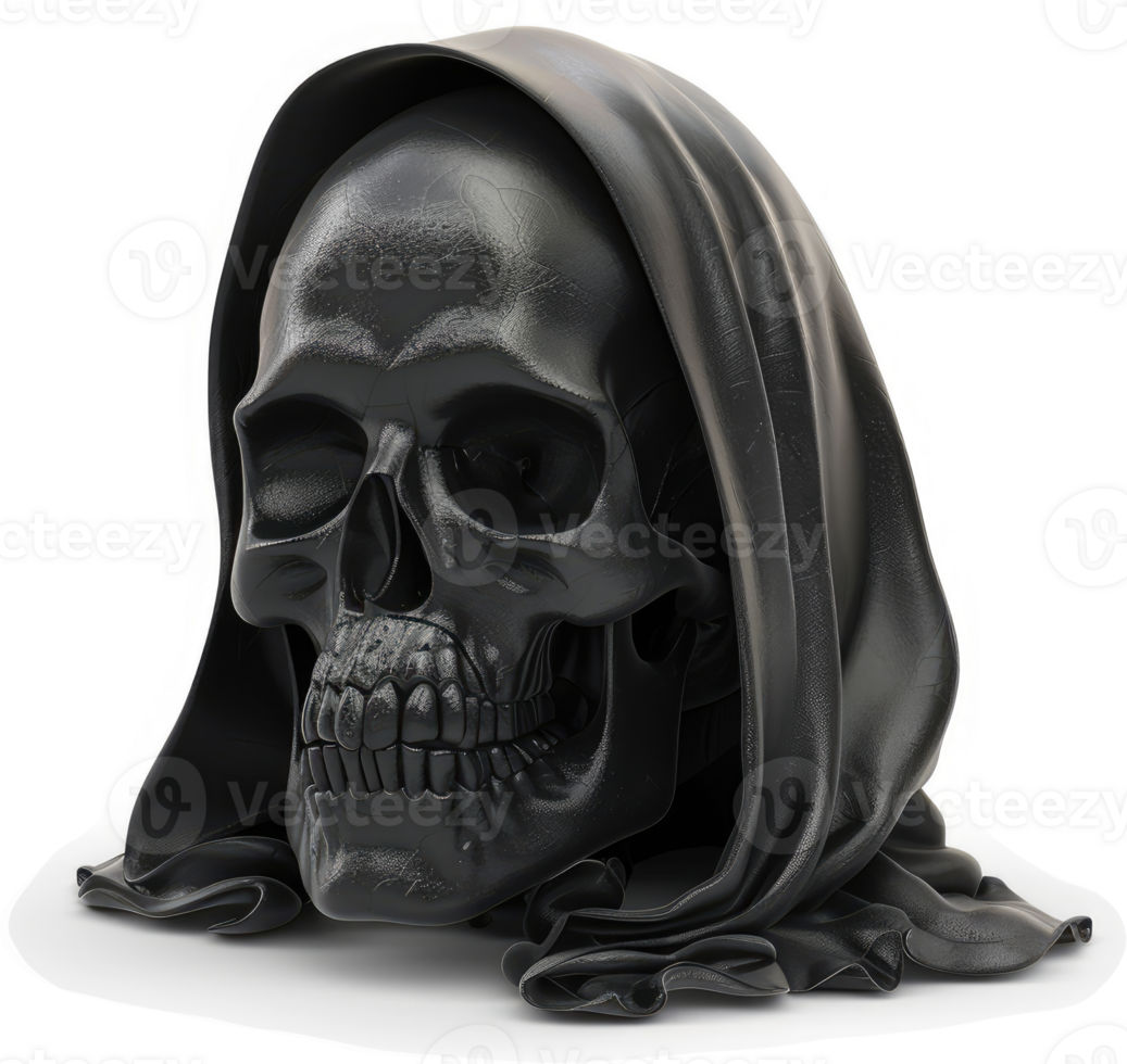 Dark, hooded skull sculpture, draped in shadow. png
