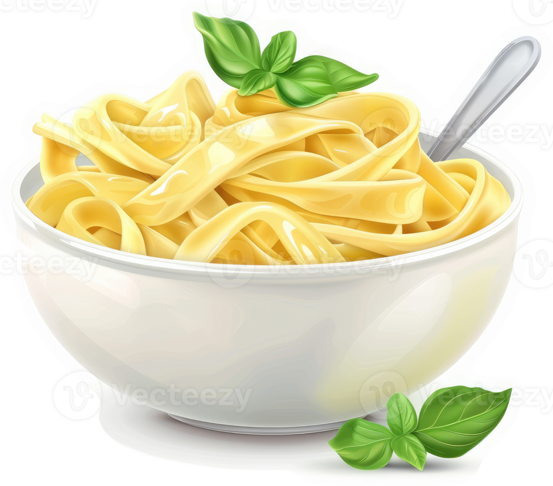 Creamy fettuccine pasta in a white bowl, garnished with fresh basil. png