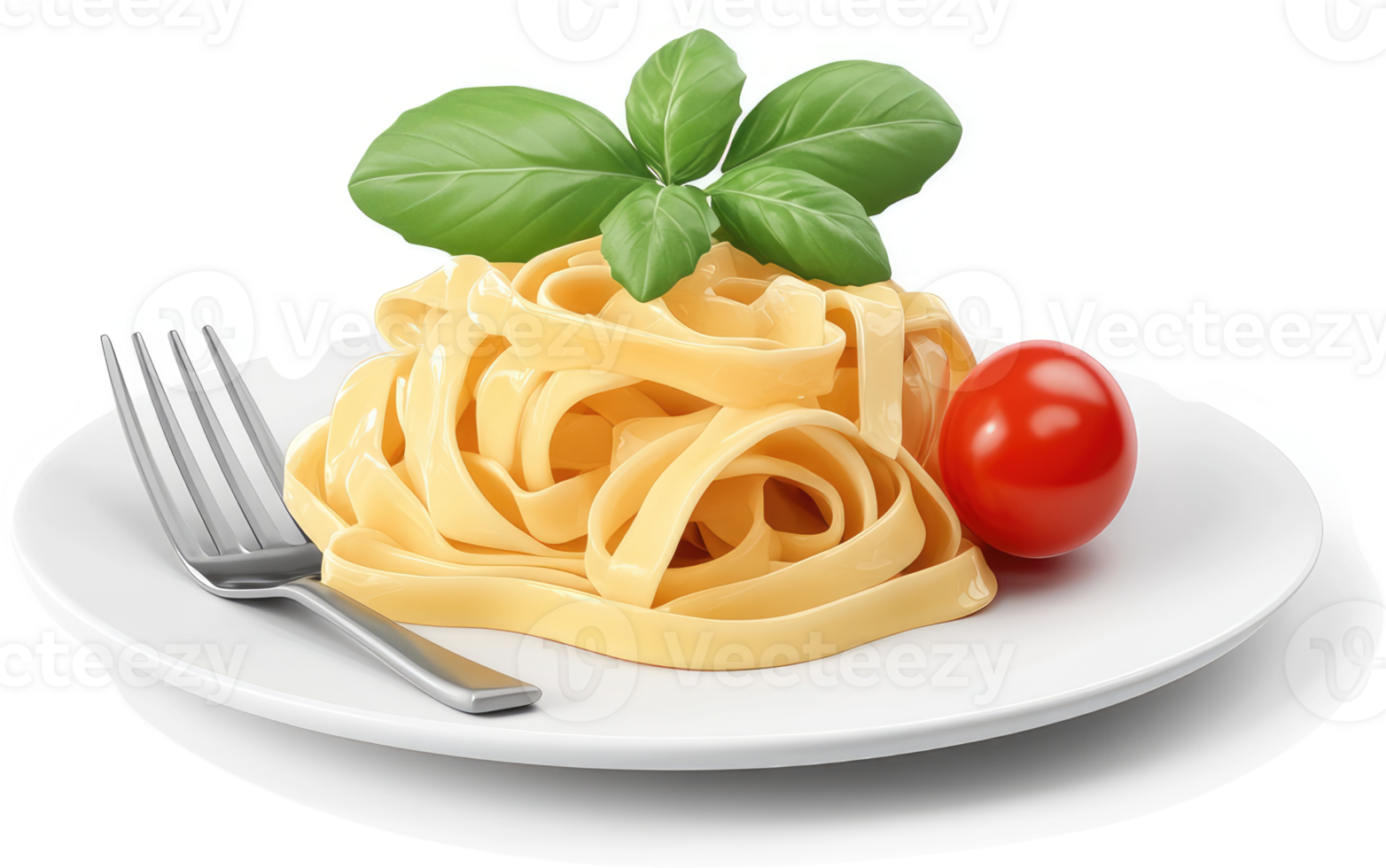 A plate of fettuccine pasta with a cherry tomato and basil. png