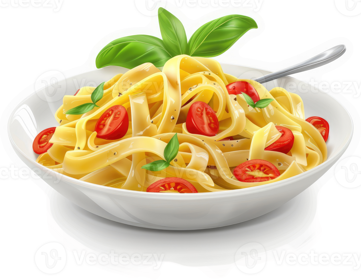 Creamy fettuccine pasta dish with cherry tomatoes and basil. png