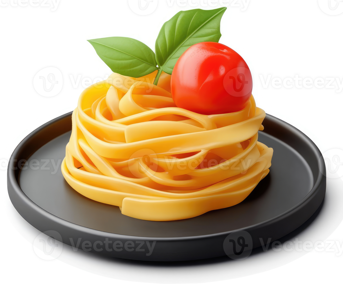 A nest of golden pasta topped with a cherry tomato and basil. png