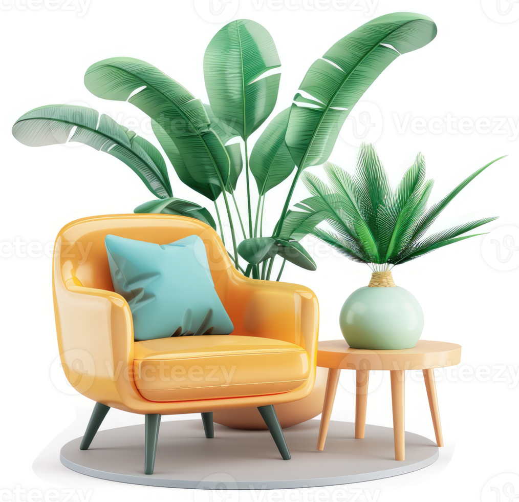 Vibrant yellow armchair surrounded by tropical foliage and a small side table. png