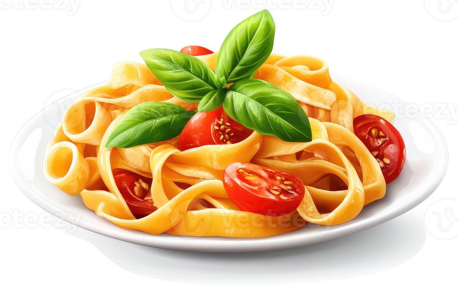 Plate of fettuccine pasta with cherry tomatoes and basil. png