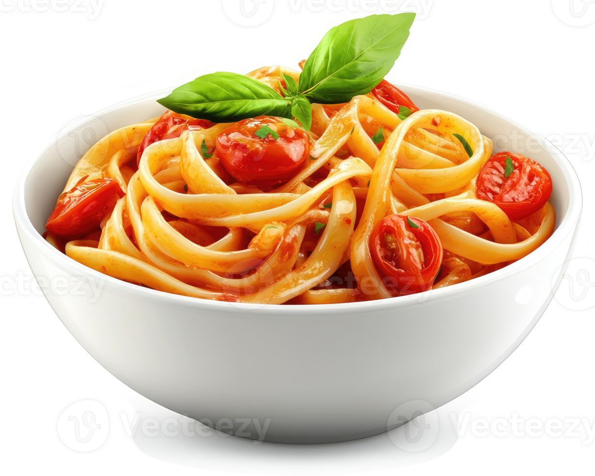 Creamy tomato pasta dish in a white bowl. png