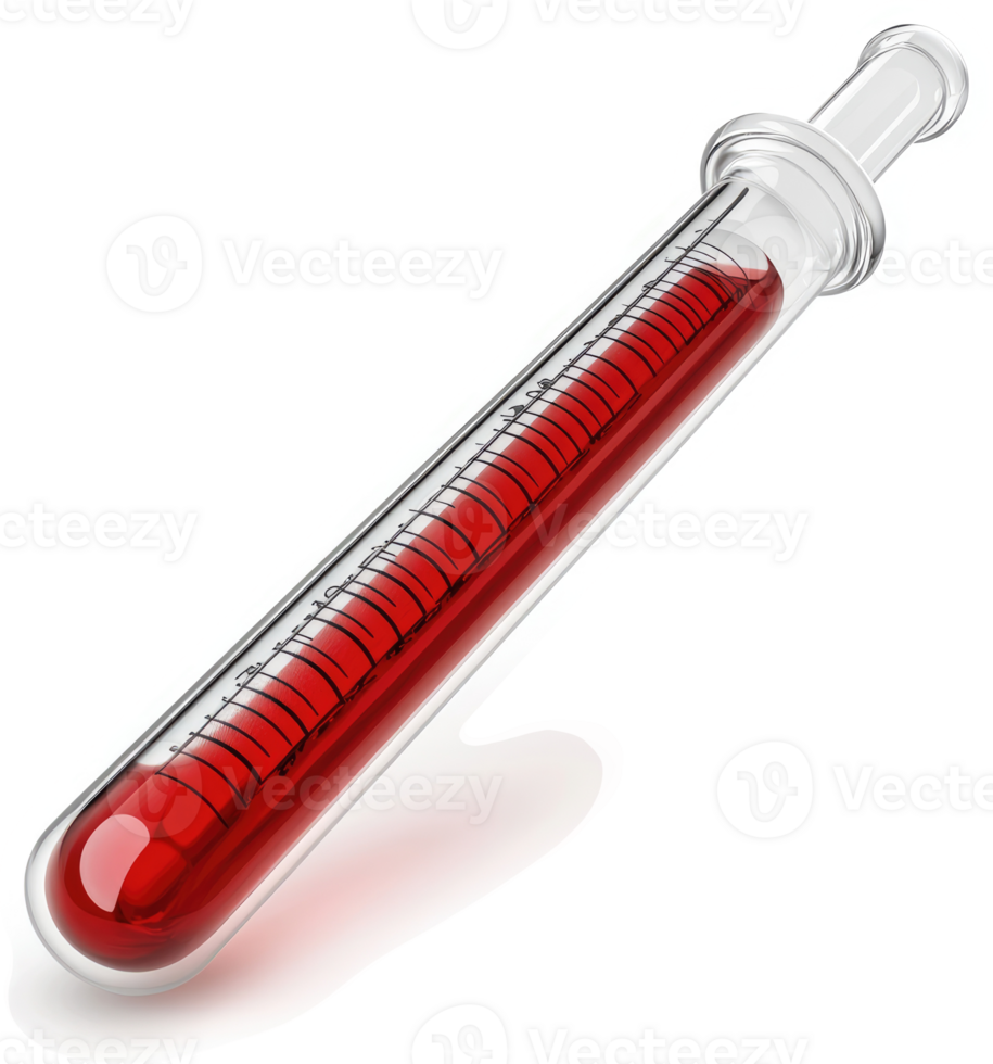 Transparent glass medical dropper filled with red liquid. png