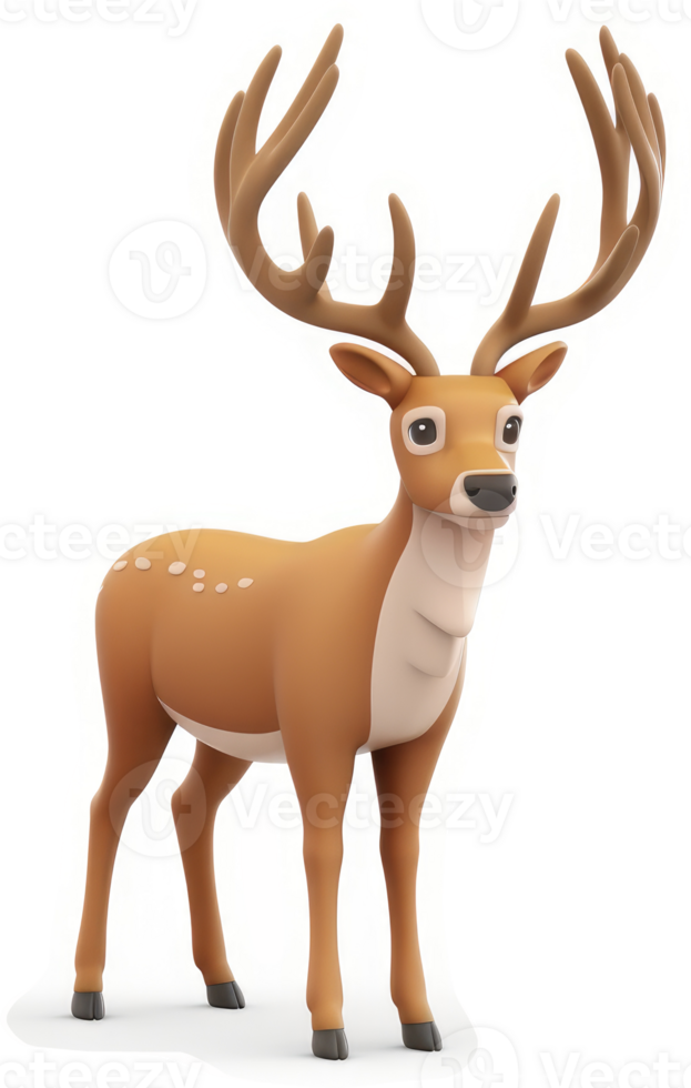 Cartoon deer with large antlers stands facing forward. png