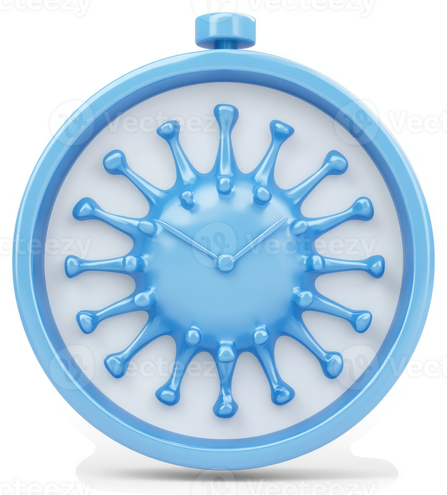 A stylized clock face with a virus motif depicts time during a pandemic. png