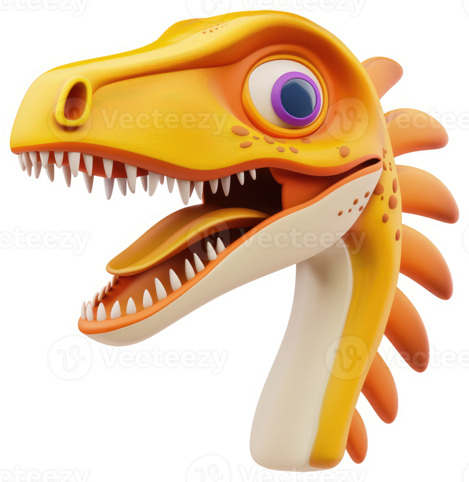 Smiling, cartoon dinosaur head, vibrant yellow and orange. png