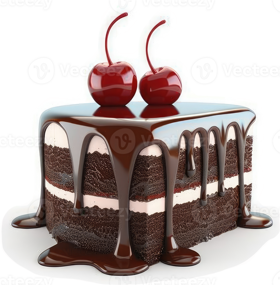 Rich chocolate cake slice topped with cherries. png