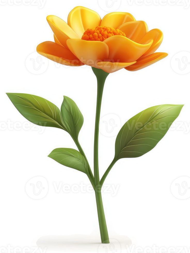 Vibrant orange flower with green leaves stands tall. png