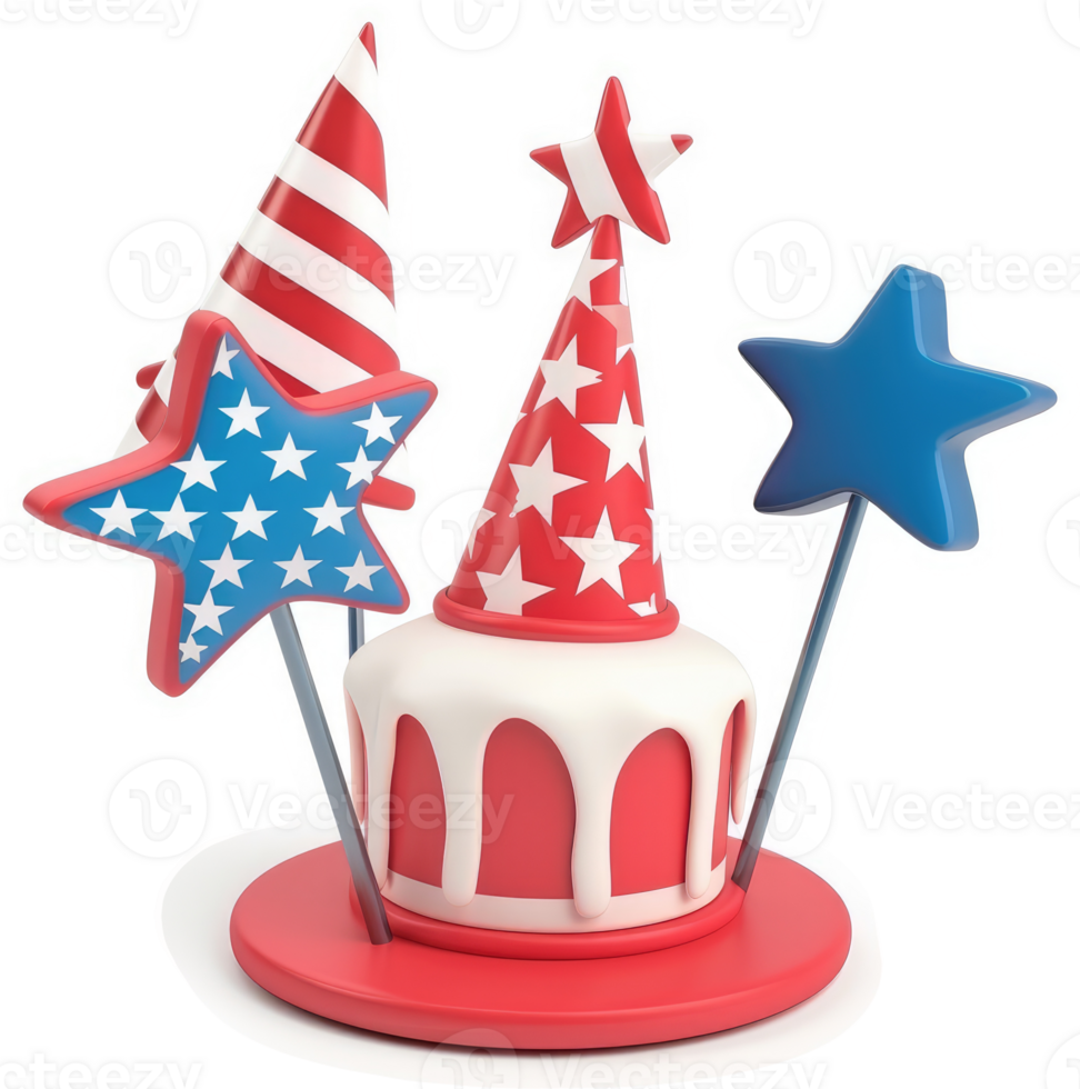 Patriotic cake decoration with party hats and stars. png