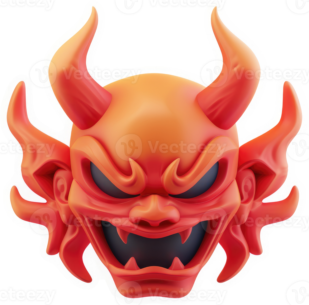 Fierce, stylized oni mask with fiery horns. png