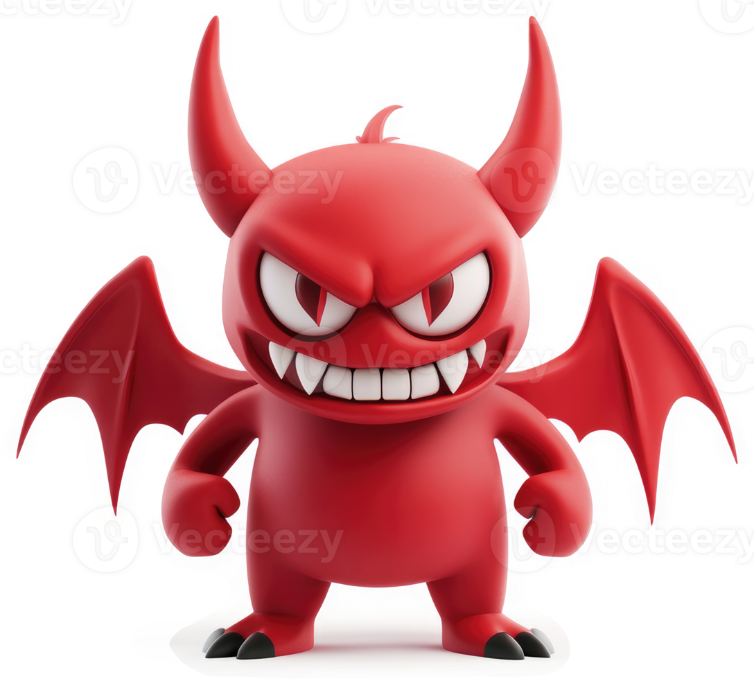 Cartoonish red demon figure with horns and wings. png