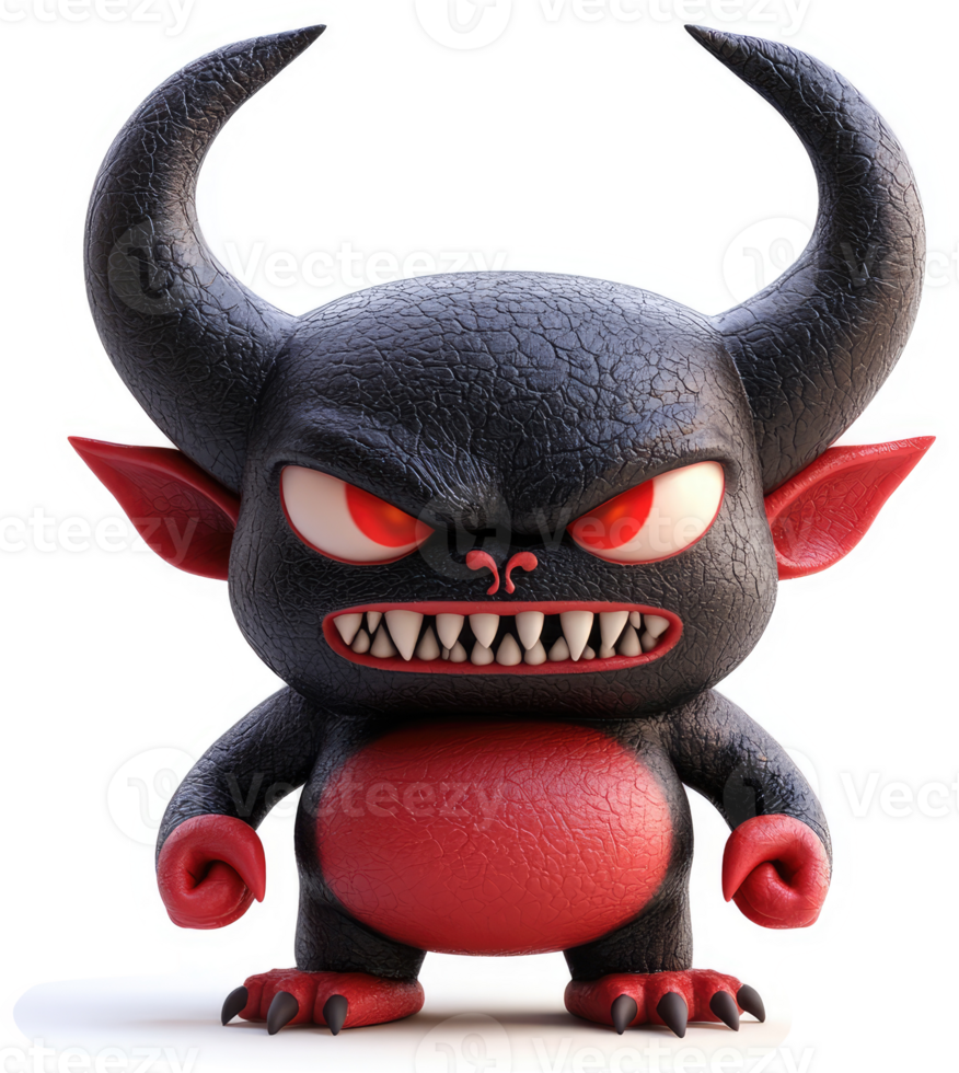Cute, menacing demon character with exaggerated features. png