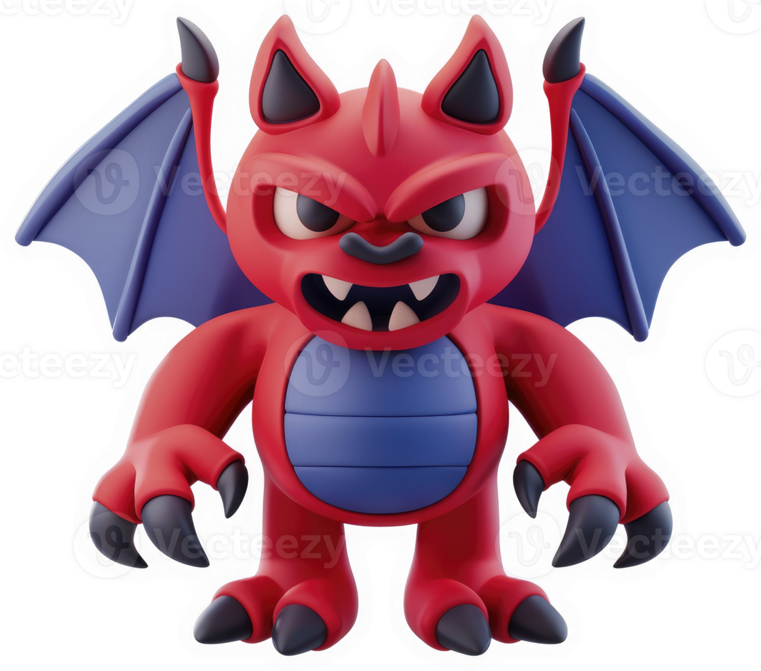 Fierce red demon figurine with sharp features. png