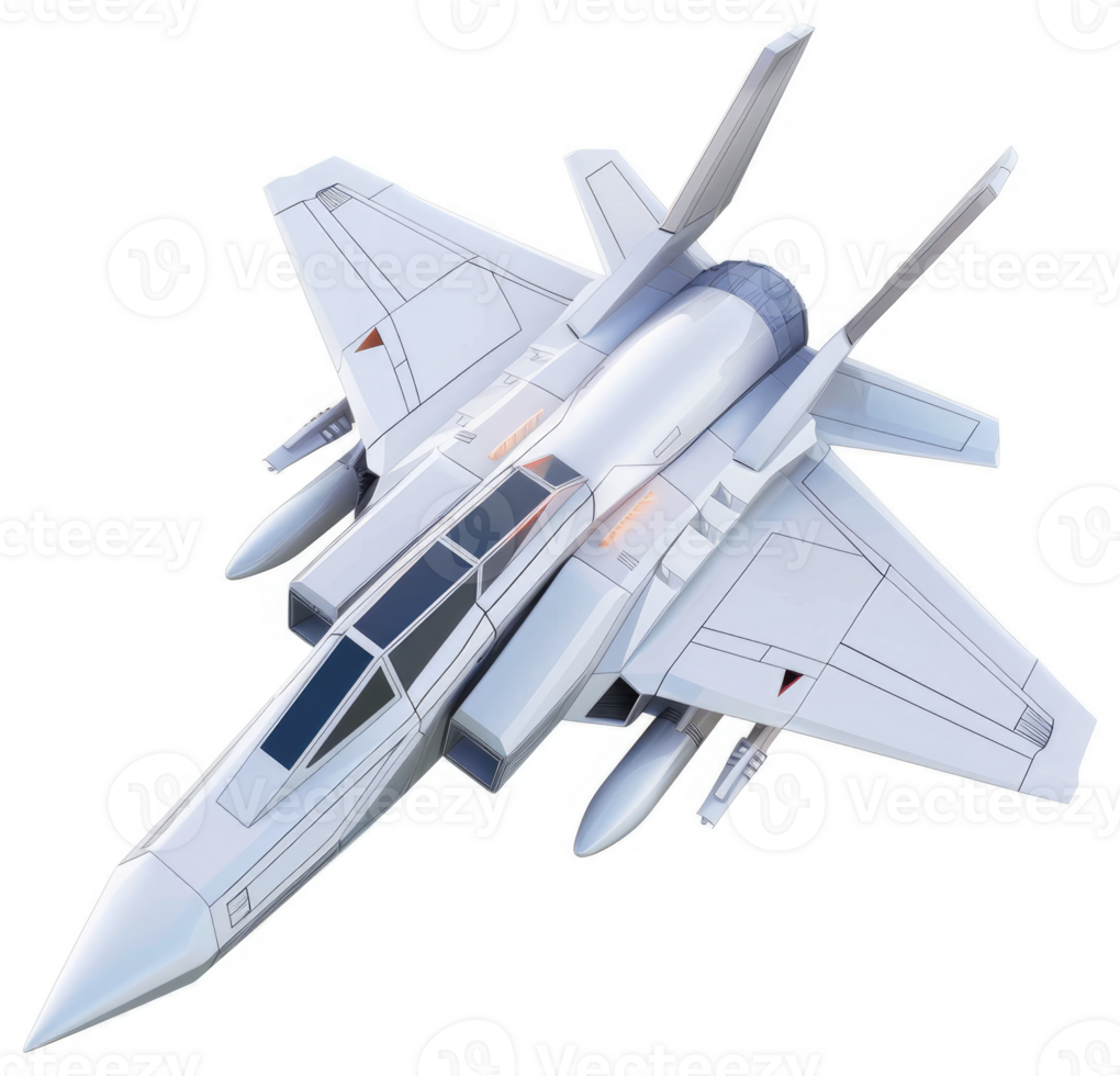 Futuristic fighter jet in white, angled overhead view. png