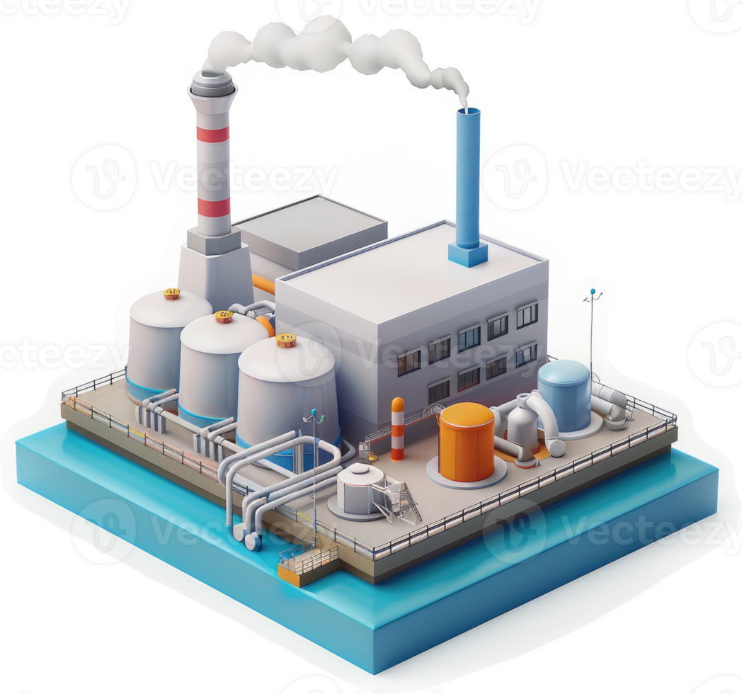Industrial complex with multiple processing tanks and smokestacks. png