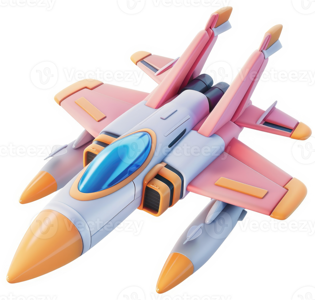 A vibrant, stylized fighter jet with pastel colors. png