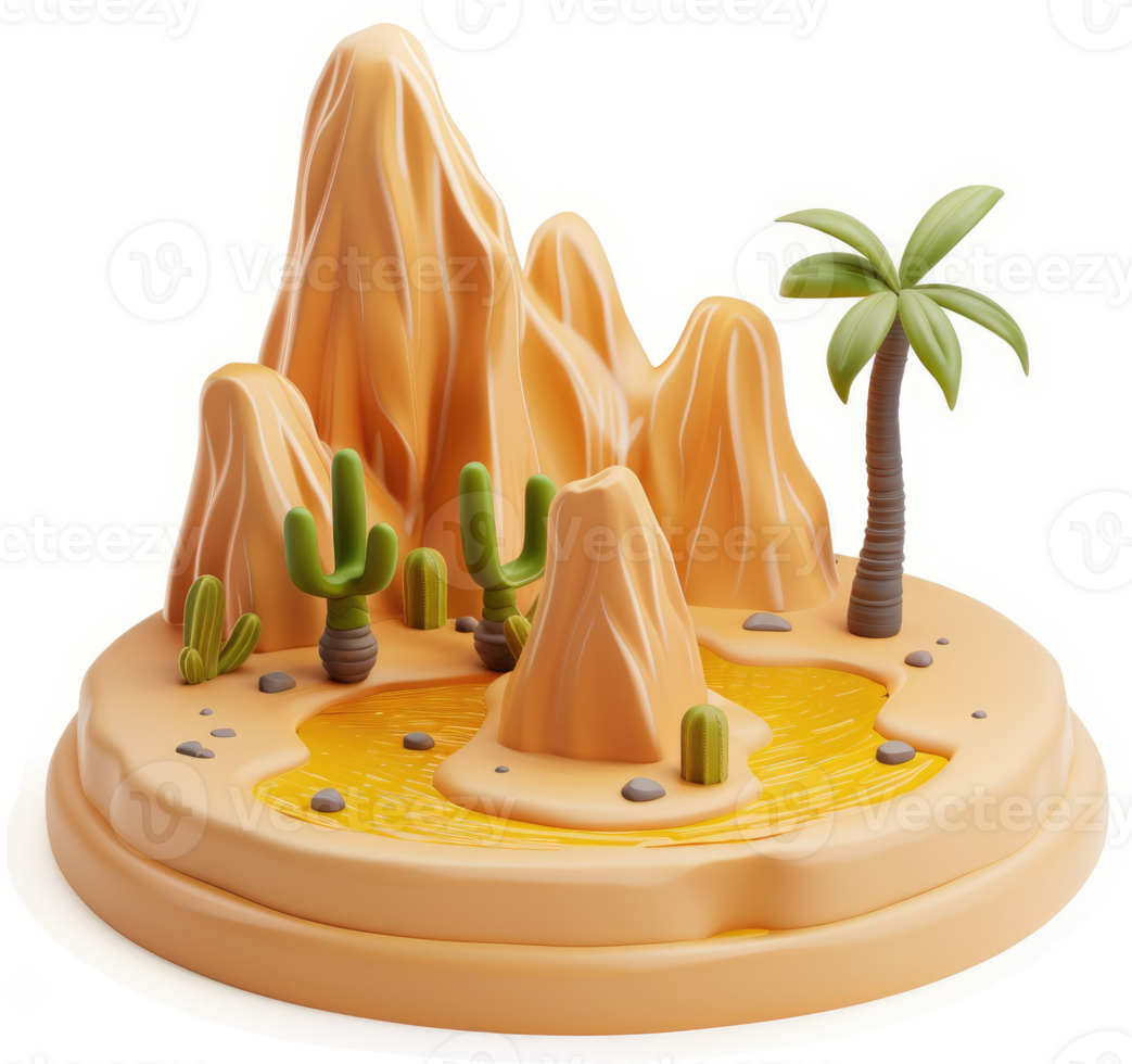 Cartoonish desert landscape miniature, featuring mountains, palm tree, and cacti. png