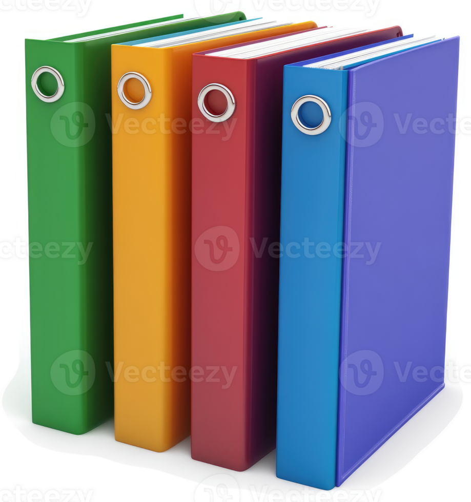 Four colorful ring binders arranged in a stack. png