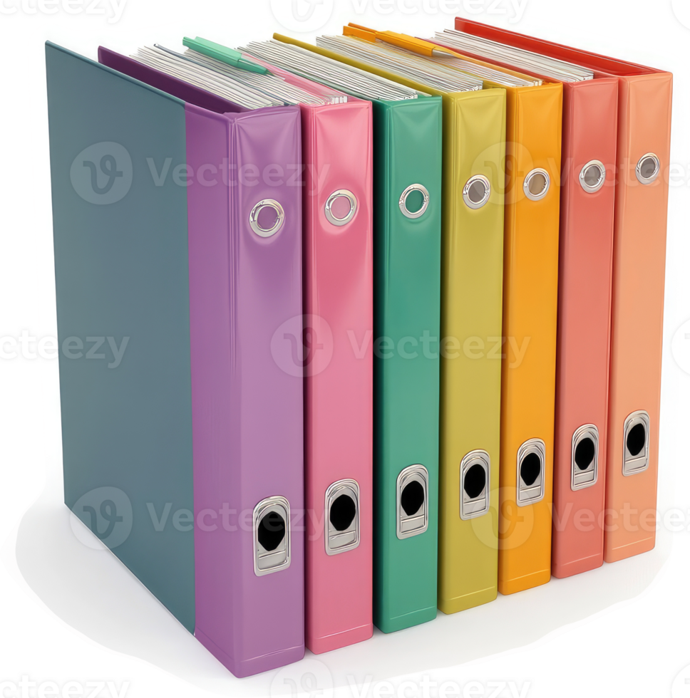 Colorful file folders neatly stacked in a tower. png