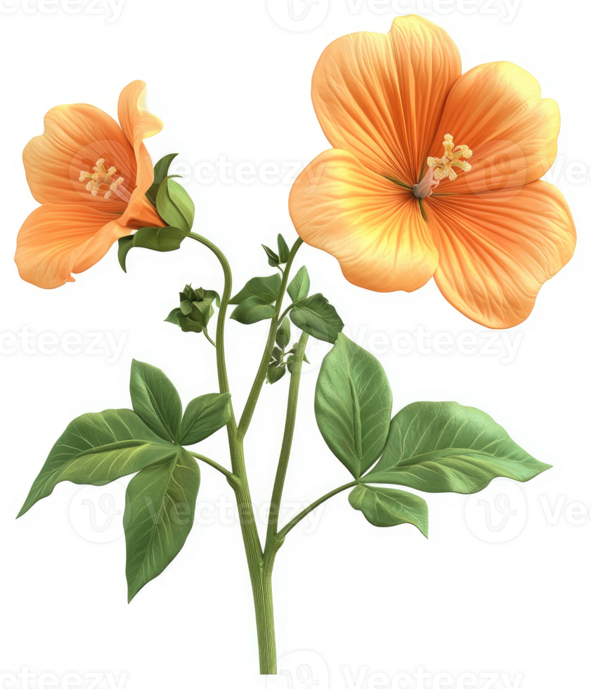 Two vibrant orange hibiscus flowers bloom on a stem. png