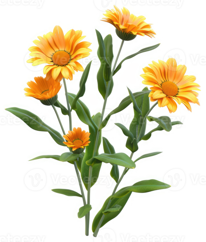 Vibrant cluster of marigold flowers and foliage. png