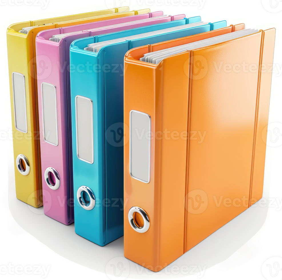 Colorful ring binders arranged in a stack. png