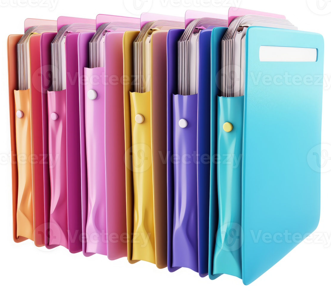 Colorful file folders neatly stacked in a row. png