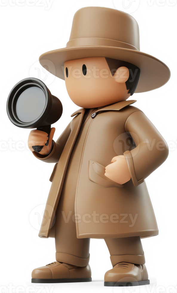 Cartoon detective character holding a magnifying glass. png