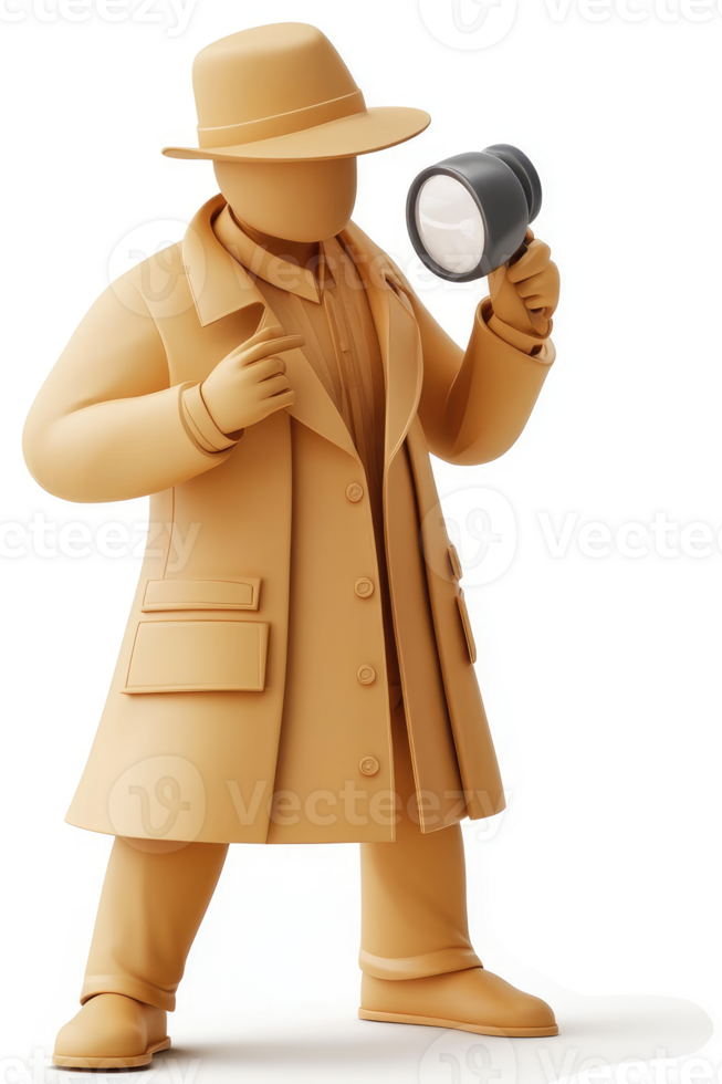 Detective in a beige trench coat examines a magnifying flashlight. png
