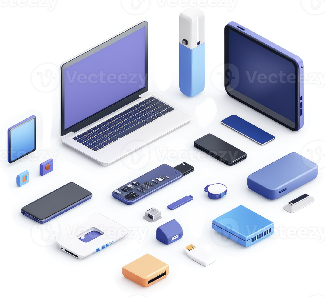 Various modern digital devices arranged in an isometric view. png