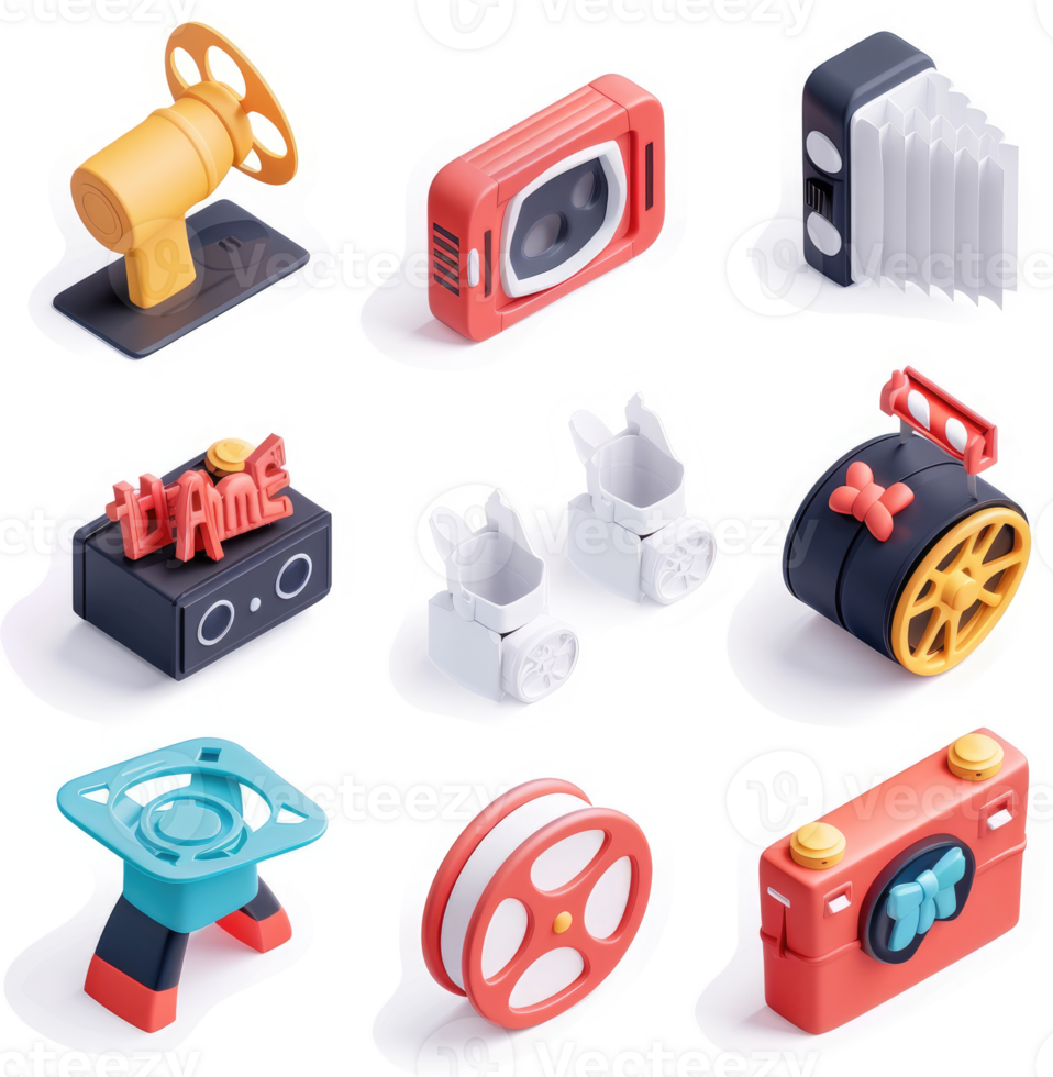 Retro electronic devices, depicted as playful isometric icons. png