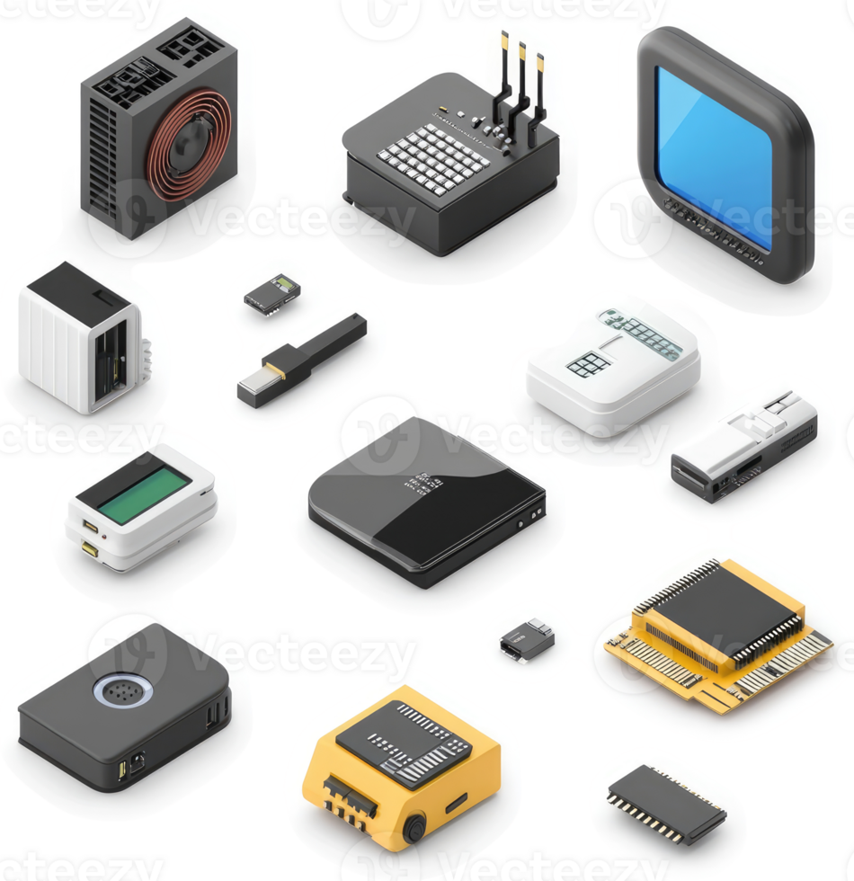 Diverse electronic components and devices arranged in a clustered layout. png