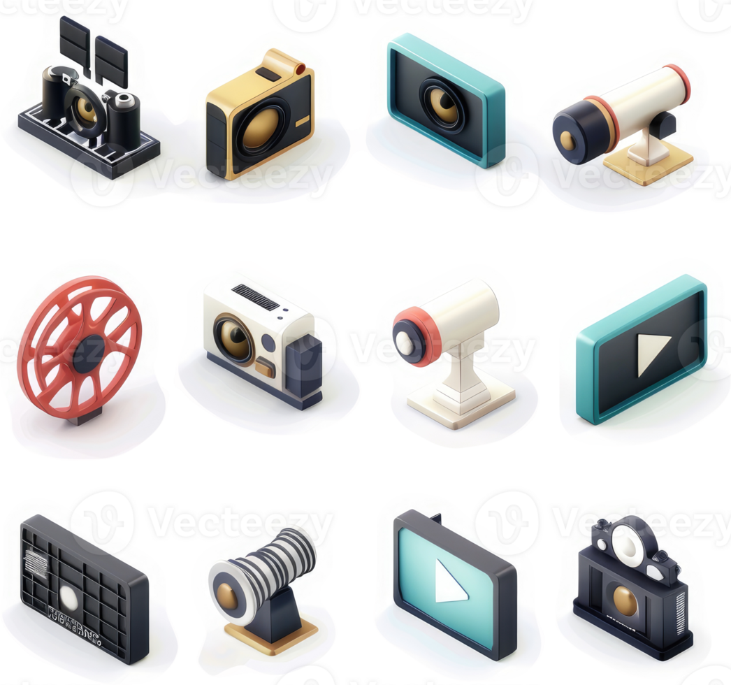 Retro-styled multimedia device icons in an isometric grid. png