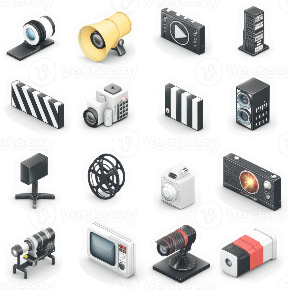 Diverse collection of vintage and modern film and media equipment. png