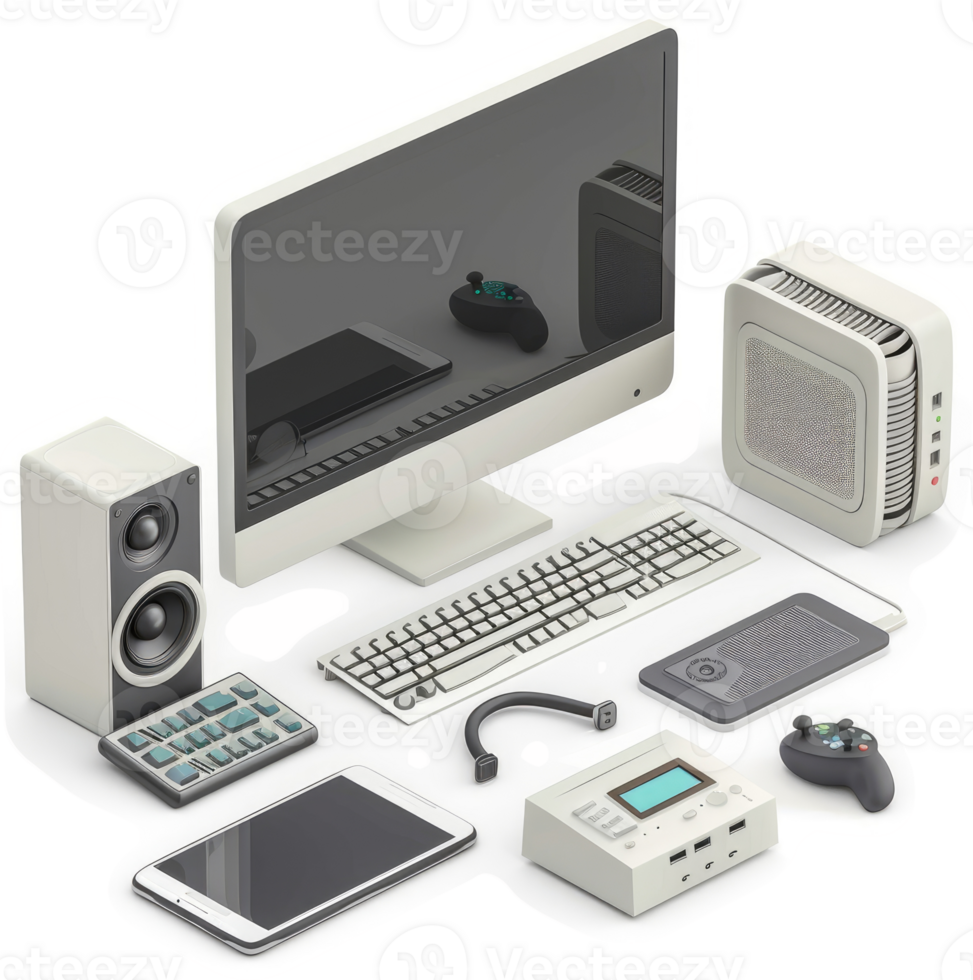 Modern computer peripherals and devices laid out for display. png