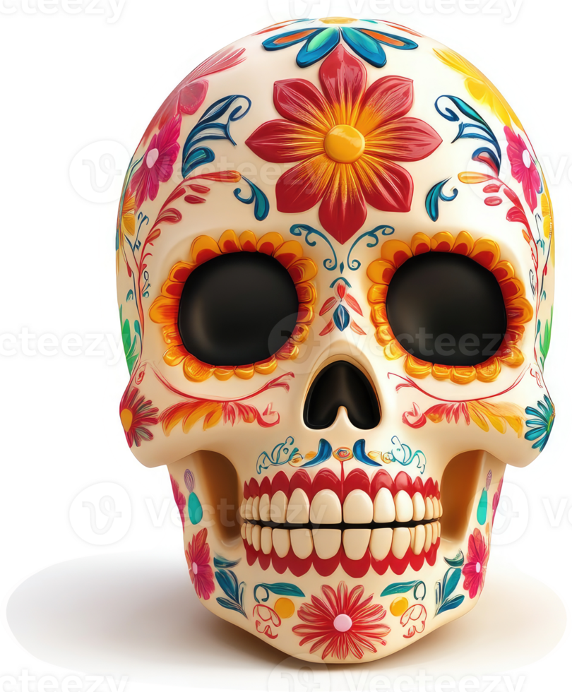 Ornate sugar skull, decorated with vibrant flowers and patterns. png