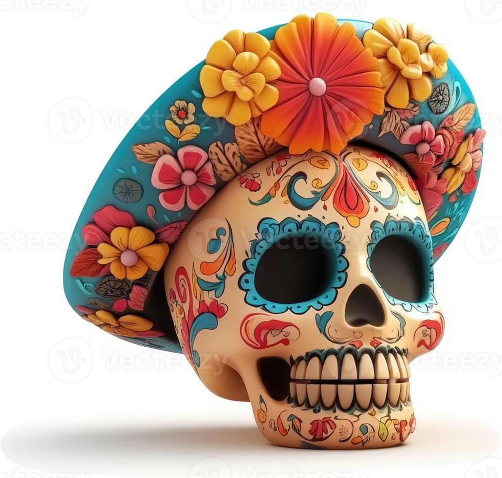 Vibrant sugar skull adorned with a colorful sombrero. png