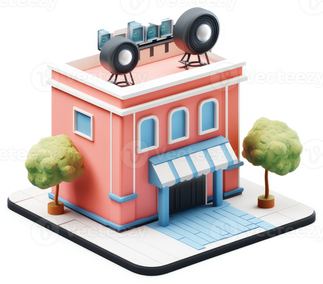 Colorful cartoon building with rooftop speakers. png