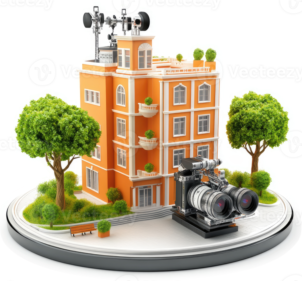 Orange apartment building with surveillance technology and a vintage camera. png